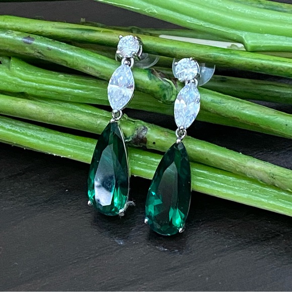 Signed Teardrop Lab Emerald Silvertone Drop Earrings - Picture 4 of 13